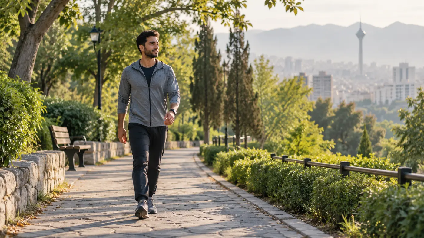 مرد ایرانی در حال پیاده‌روی و بازگشت تدریجی به عادت سالم