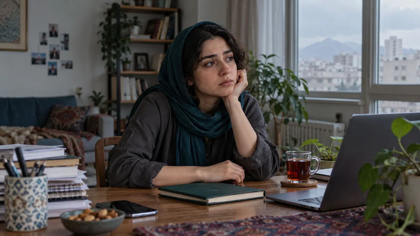 زن ایرانی خسته و درگیر فشار روانی پشت میز کار