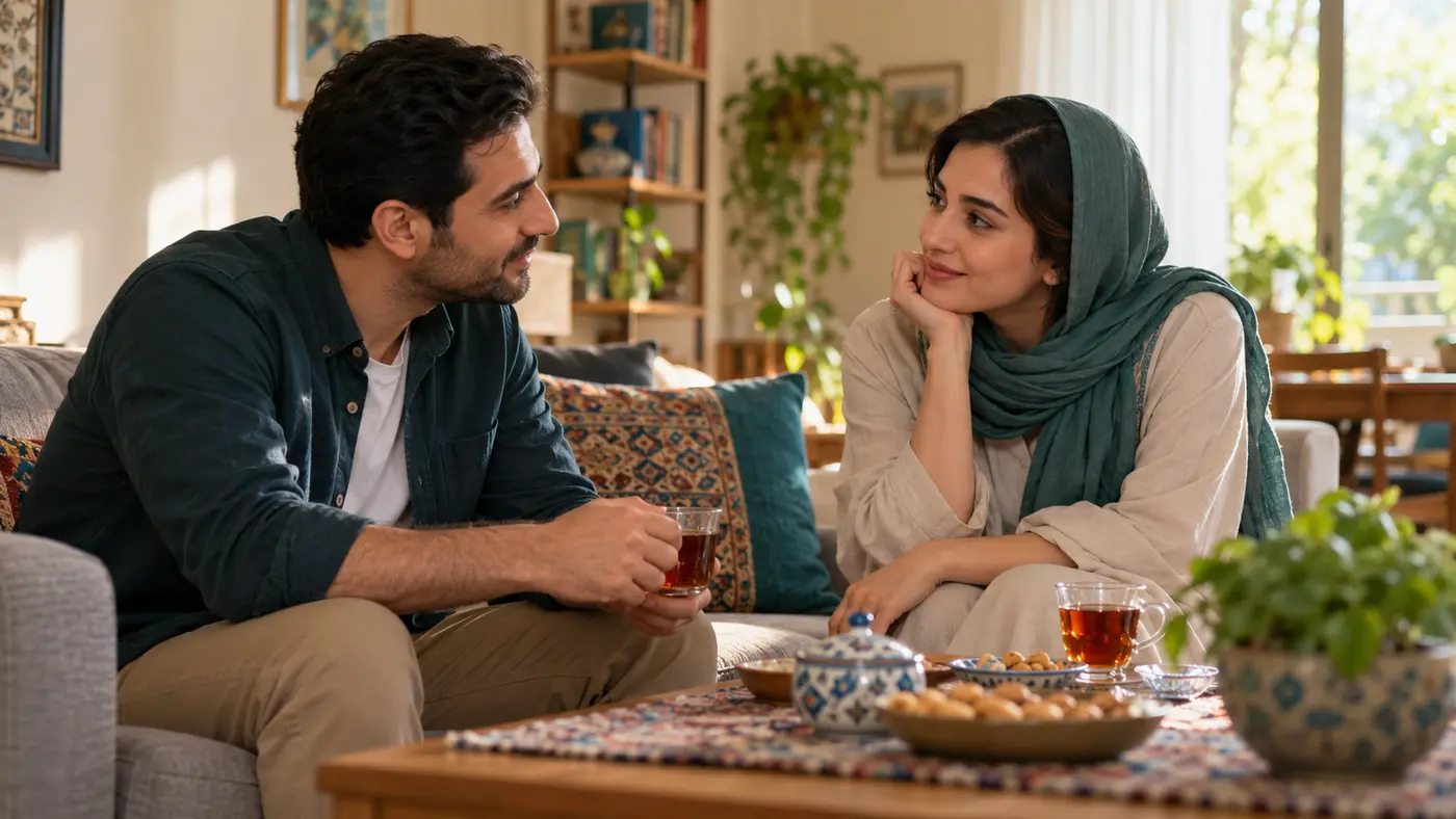 زن و شوهر ایرانی در حال گفتوگوی آرام و صمیمانه