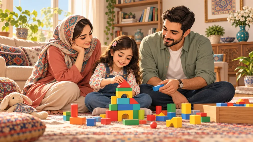 پدر و مادر ایرانی در حال بازی و گفت‌وگو با فرزندشان