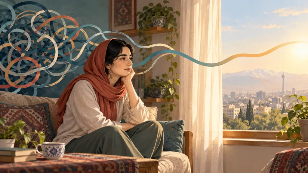 تصویرسازی زن ایرانی در حال مشاهده رشتههای گرهخورده نماد چرخه نشخوار فکری