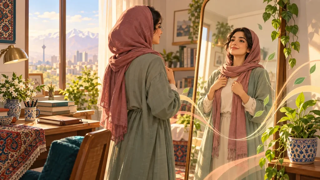 زن ایرانی با احساس خودپذیری و اعتماد به نفس مقابل آینه