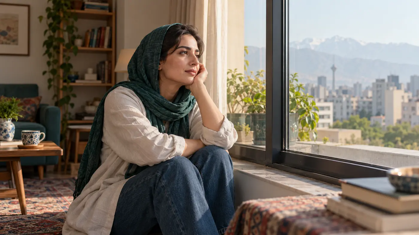 زن ایرانی در حال تأمل درباره اعتماد به نفس و ارزشمندی خود